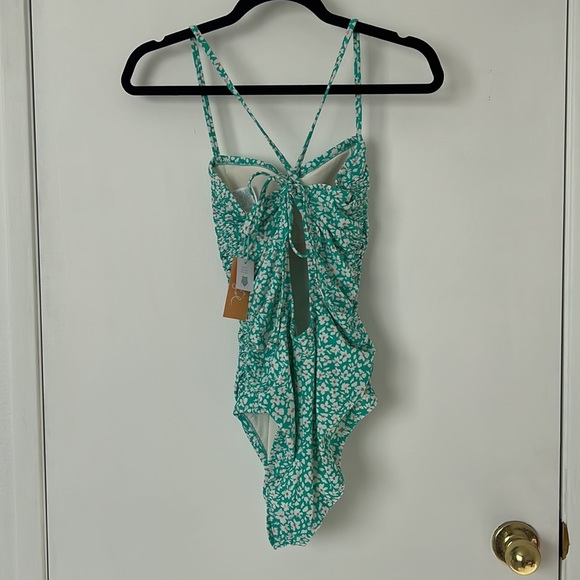 Kona Sol one piece teal floral back tie swimsuit medium - Picture 4 of 6